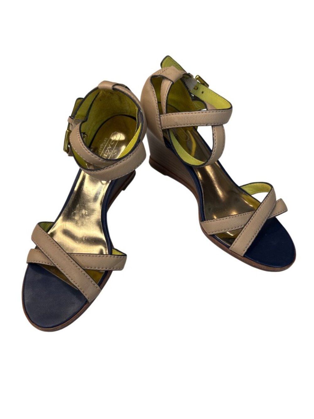 Coach Coretta Beige & Navy Leather Wedge Sandals Size 7 With Buckle Straps